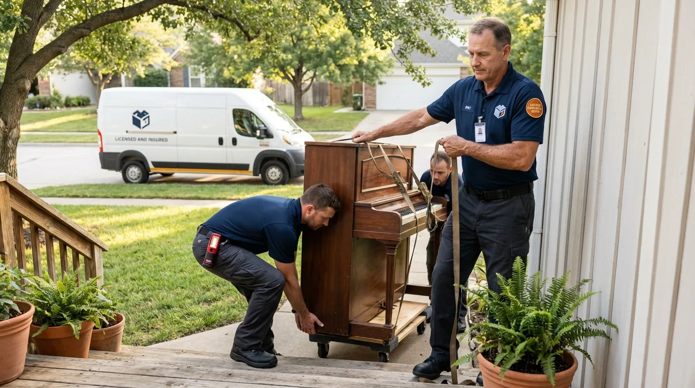 Licensed piano movers securing grand piano in Hoboken, NJ
