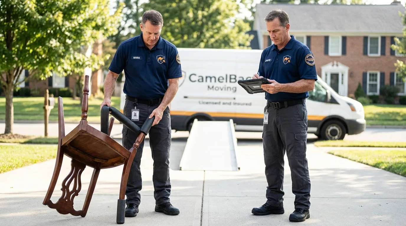 Movers inspecting furniture for damage prevention before loading in Hoboken, NJ