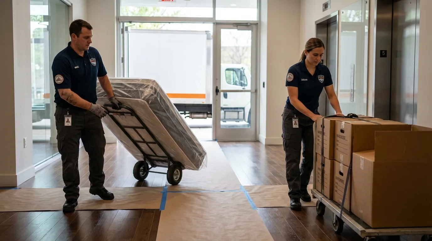 Professional apartment movers loading elevator in Hoboken, NJ